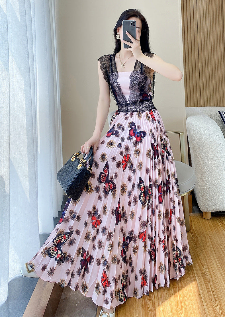 New French Style Floral Dress Summer Women's Slimming Lace Stitching Pleated Long Dress Printed Chiffon Dress Trendy