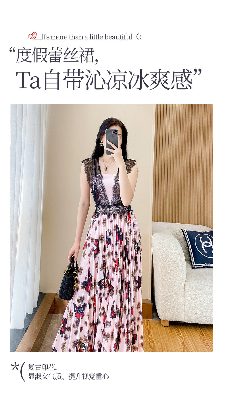 New French Style Floral Dress Summer Women's Slimming Lace Stitching Pleated Long Dress Printed Chiffon Dress Trendy