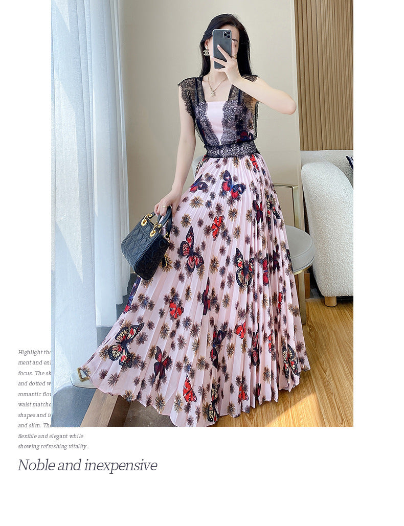 New French Style Floral Dress Summer Women's Slimming Lace Stitching Pleated Long Dress Printed Chiffon Dress Trendy