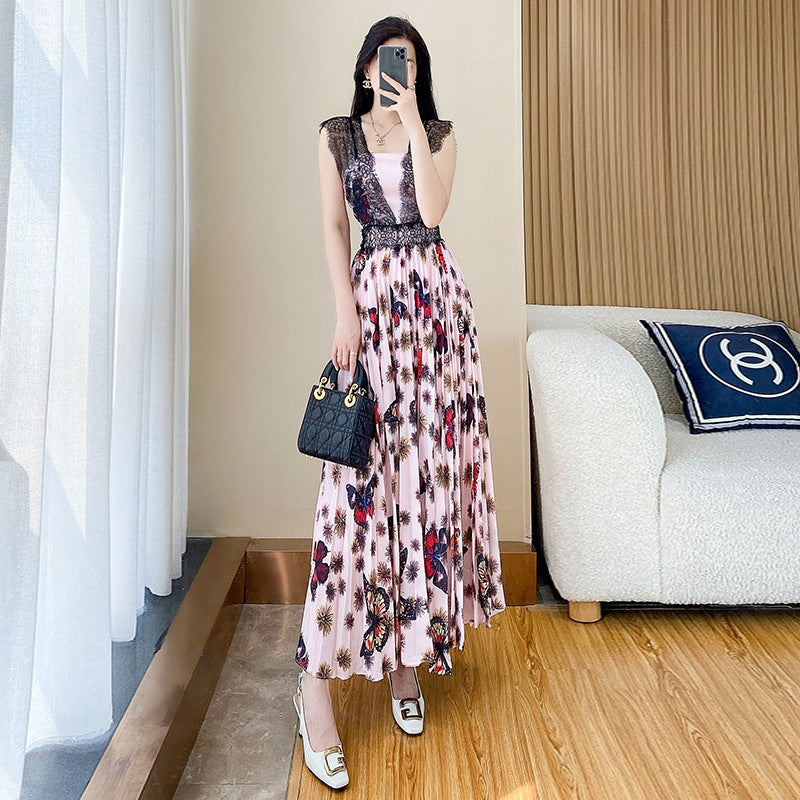 New French Style Floral Dress Summer Women's Slimming Lace Stitching Pleated Long Dress Printed Chiffon Dress Trendy