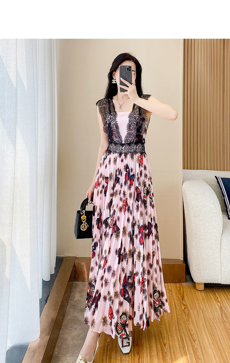 New French Style Floral Dress Summer Women's Slimming Lace Stitching Pleated Long Dress Printed Chiffon Dress Trendy