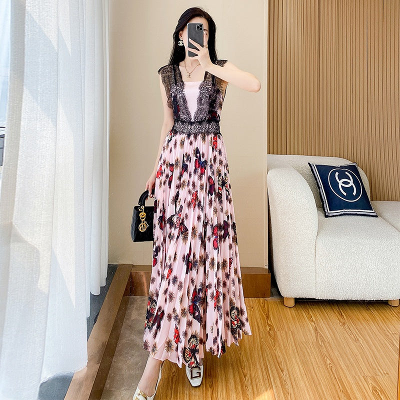 New French Style Floral Dress Summer Women's Slimming Lace Stitching Pleated Long Dress Printed Chiffon Dress Trendy