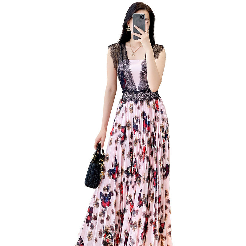 New French Style Floral Dress Summer Women's Slimming Lace Stitching Pleated Long Dress Printed Chiffon Dress Trendy