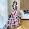 New French Style Floral Dress Summer Women's Slimming Lace Stitching Pleated Long Dress Printed Chiffon Dress Trendy