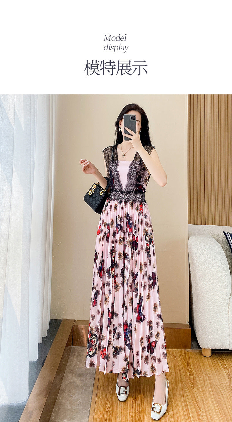 New French Style Floral Dress Summer Women's Slimming Lace Stitching Pleated Long Dress Printed Chiffon Dress Trendy