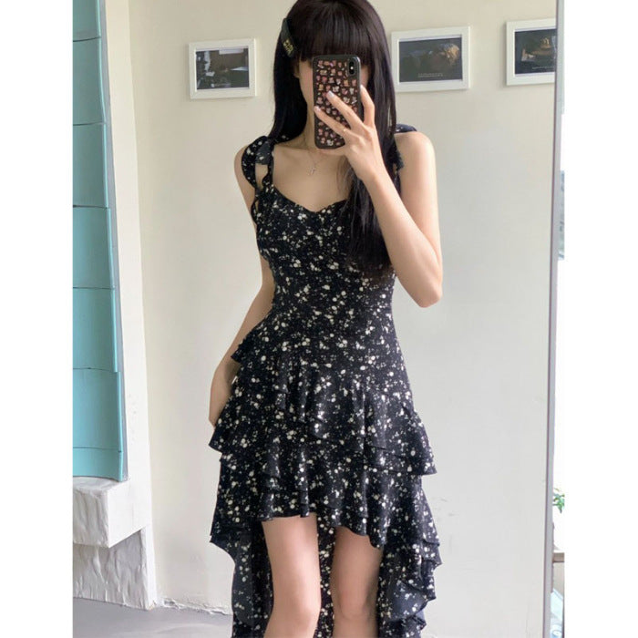2024 New Summer Floral Slip Skirt New Square Collar Tight Waist Slimming Irregular Design dress Super Fairy