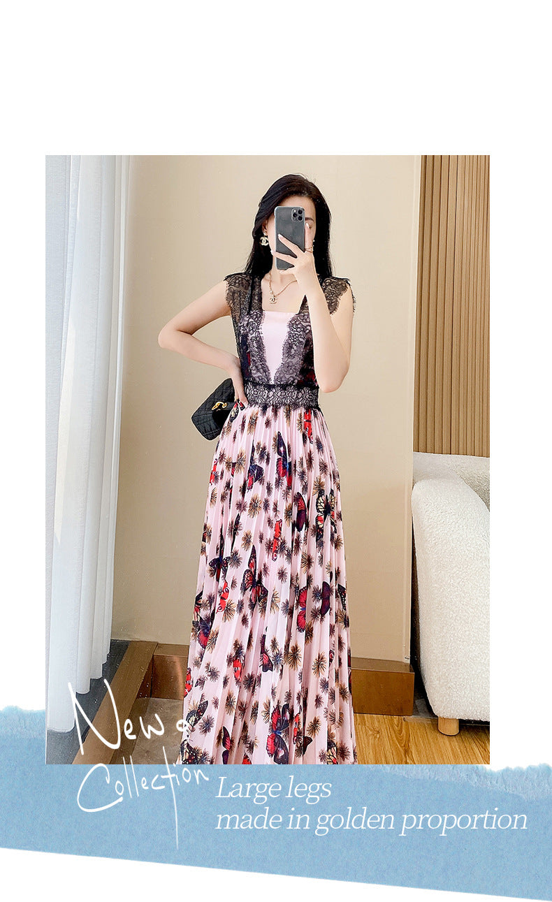 New French Style Floral Dress Summer Women's Slimming Lace Stitching Pleated Long Dress Printed Chiffon Dress Trendy