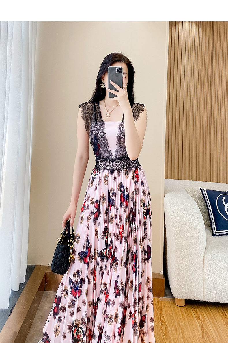 New French Style Floral Dress Summer Women's Slimming Lace Stitching Pleated Long Dress Printed Chiffon Dress Trendy