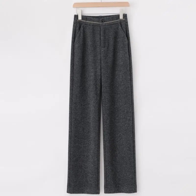 Fashion Office Lady Autumn Winter New Woolen Pants Women Solid Pockets Elastic High Waist Plus Velvet Straight Wide Leg Trousers