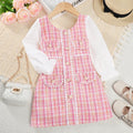 Menoea Girls' Dress 2023 Autumn New Girls' Round Neck Plaid Lace Button Long Sleeve Dress Girls' Fashion Patchwork Dress