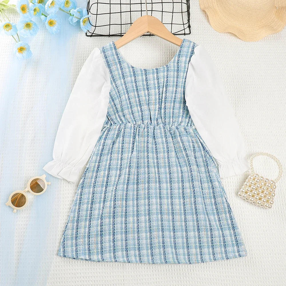 Menoea Girls' Dress 2023 Autumn New Girls' Round Neck Plaid Lace Button Long Sleeve Dress Girls' Fashion Patchwork Dress