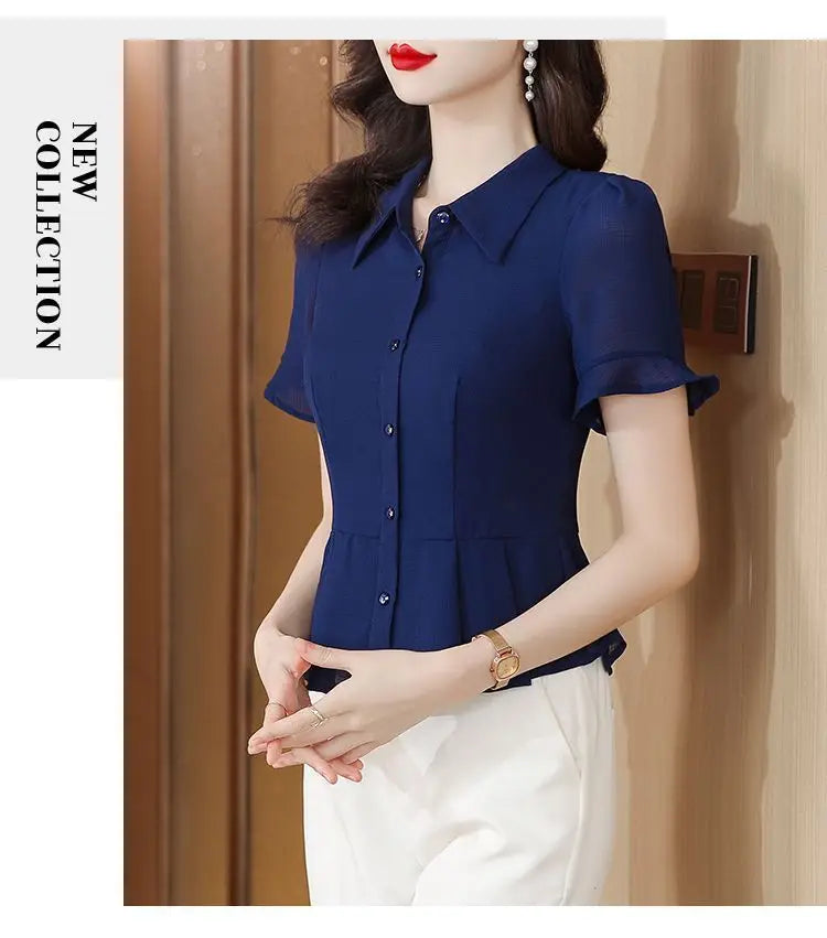 Women's Button Down Blouse Short Ruffle Sleeve Peplum Hem Chiffon Office Casual Top