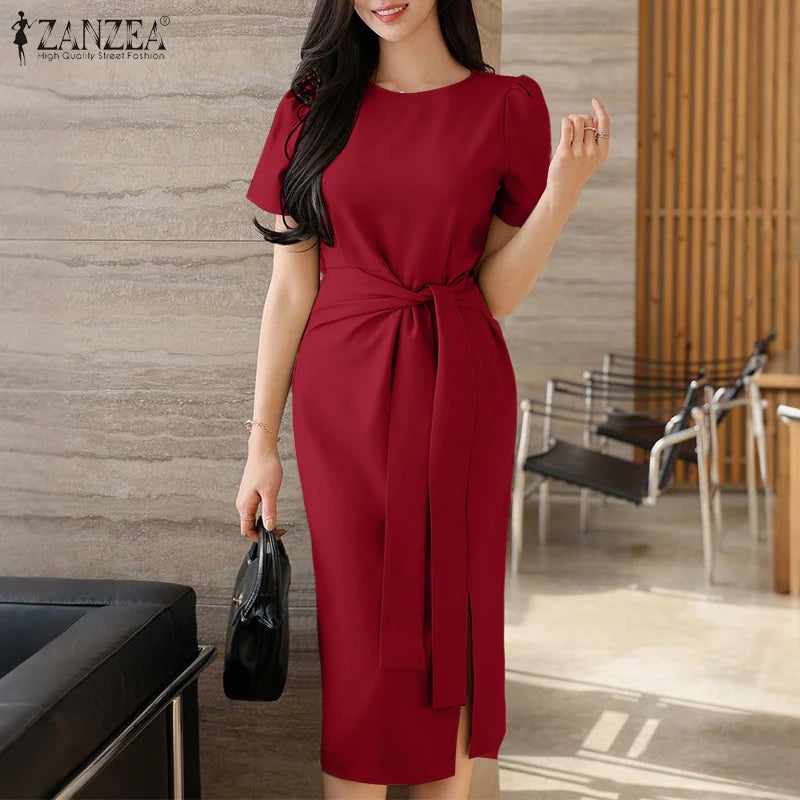 2025 Summer Dress ZANZEA Elegant Women Work OL Dresses Stylish Short Sleeve Slim Fit Party Vestidos Solid Lace Up Sundress Robe