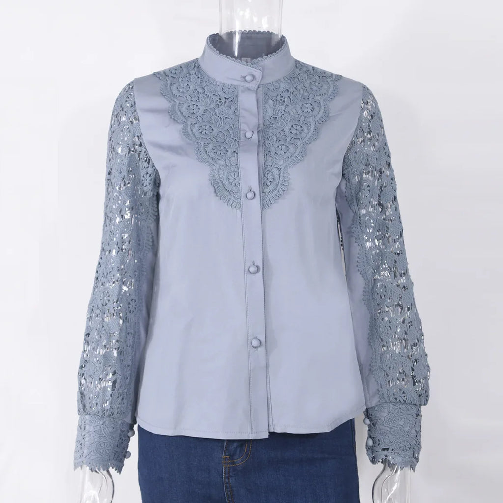 Women's Blouses White Office Spring Casual Button V-neck Long Sleeve Elegant Hook Flower Hollow Shirt For Female