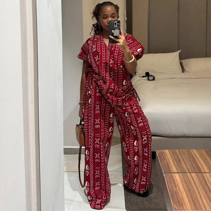 New African Fashion Vintage Casual Printed Women Two Piece Set Short Sleeve drawstring Waist and Loose Pants Set Outfits