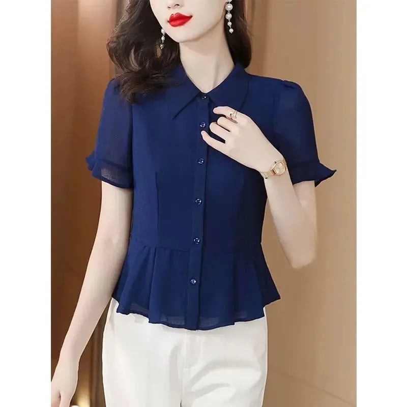 Women's Button Down Blouse Short Ruffle Sleeve Peplum Hem Chiffon Office Casual Top