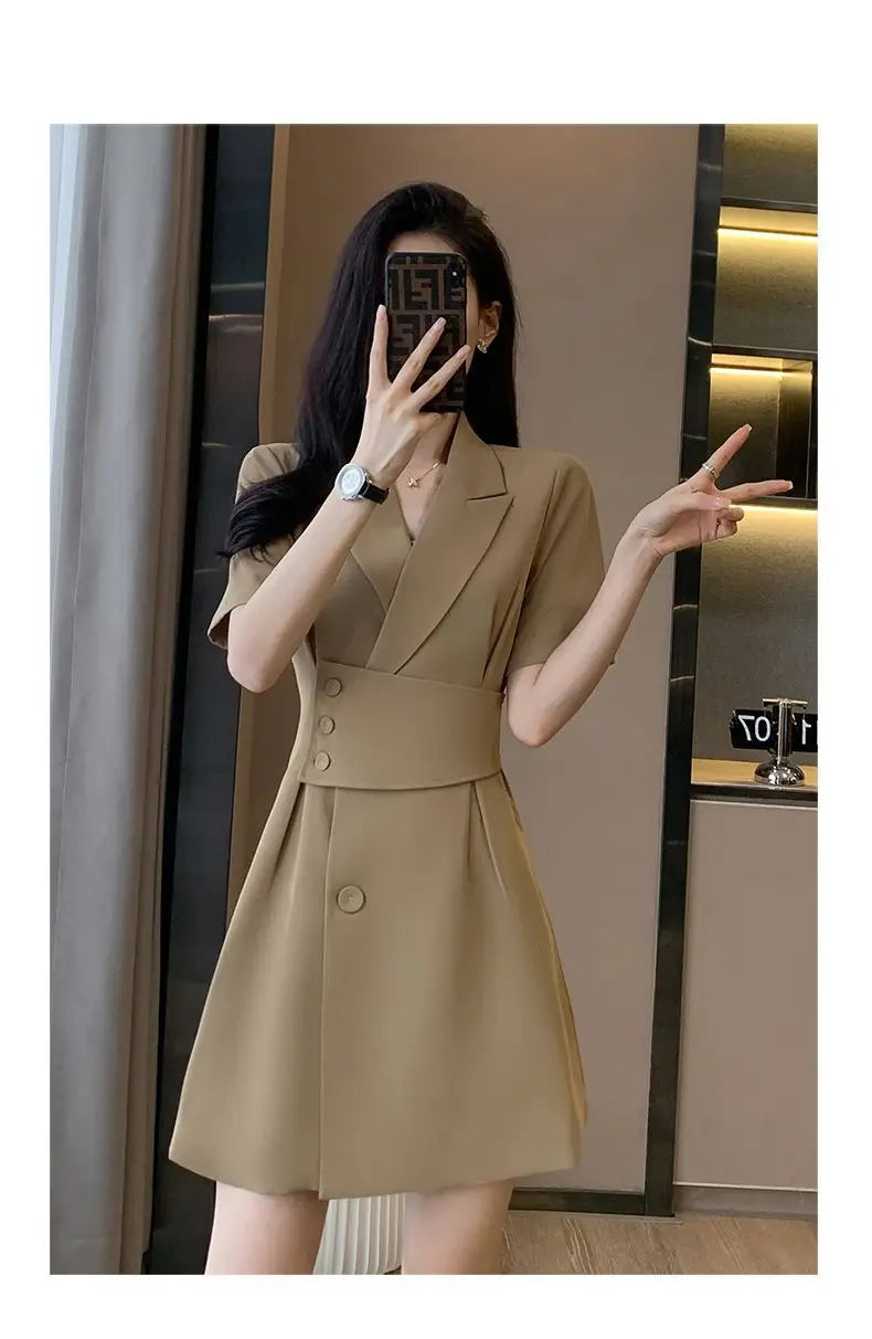 Summer New Office Lady Elegant Fashion Waist Dress Femme Short Sleeve Temperament Solid Robe Vestidos De Fiesta Women's Clothing