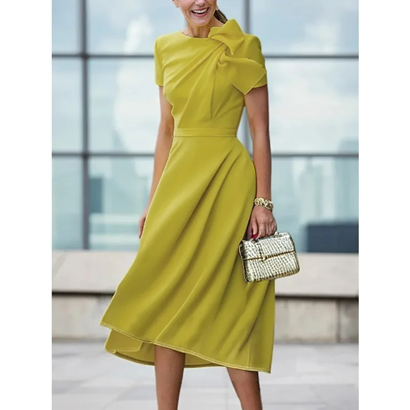 Green Yellow Officewear Dresses for Women 2026 Spring Summer O Neck Short Sleeve Bow High Waist Folds Elegant Midi Dress 182825