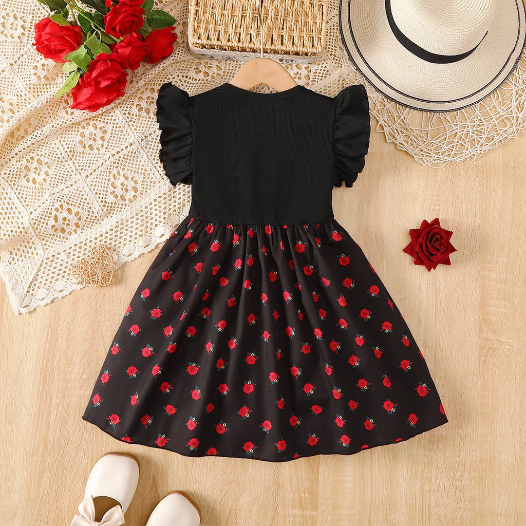 4-7 Year Girls dress Round neck pit stripe rose print sleeveless dress, children's girls' Summer Casual Dress