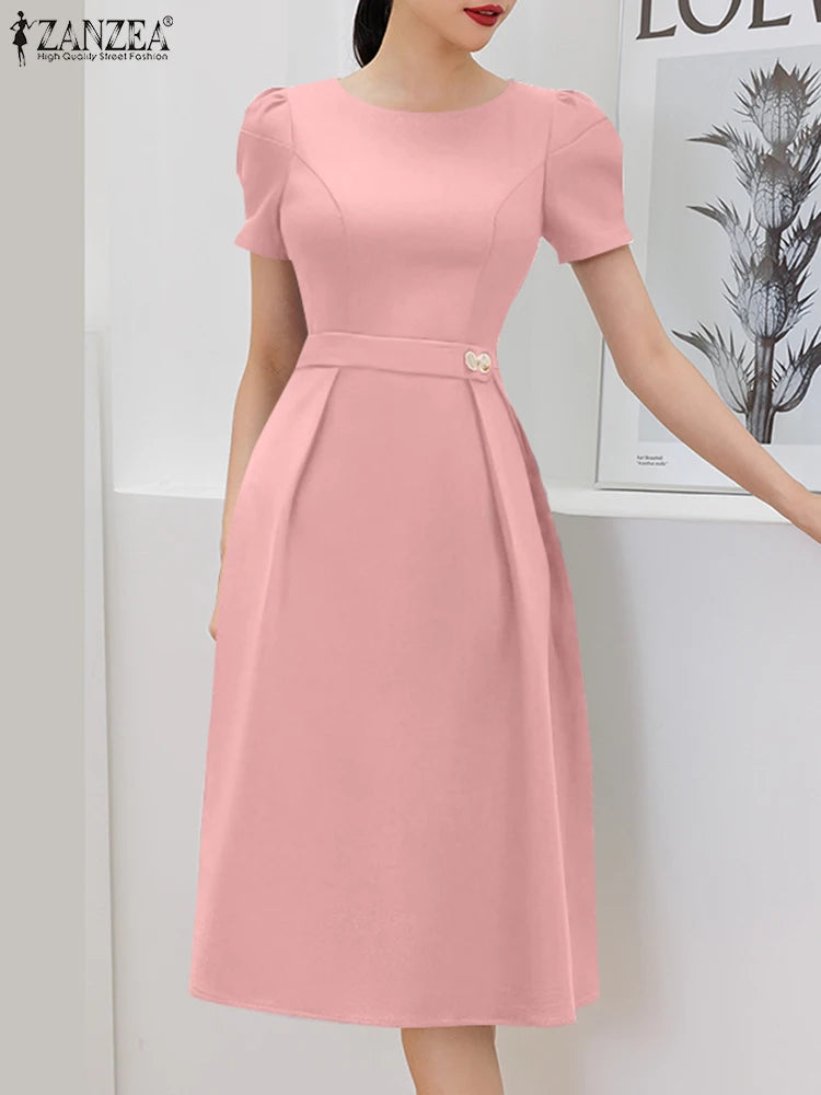 ZANZEA Office Women Dresses 2025 Fashion Summer Dress Elegant O Neck Short Sleeve Work Midi Vestido Stylish Solid Party Sundress