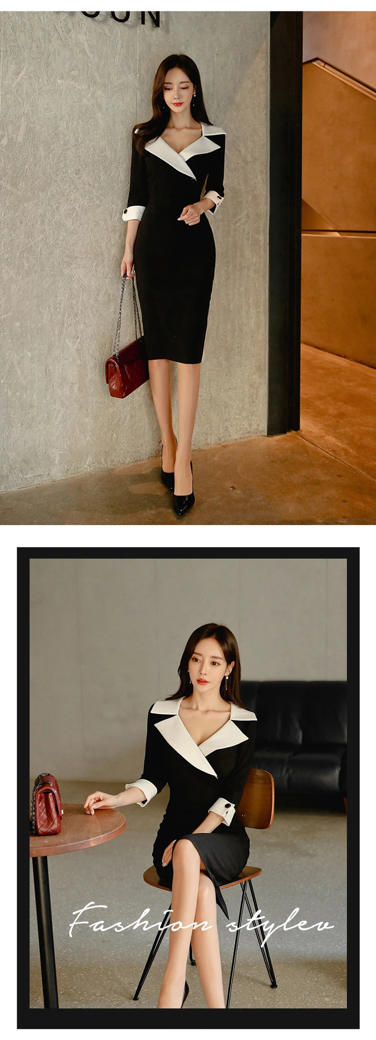 New Fashion Elegant Office Lady Women Dress Sexy Retro Casual Turn-Down Collar Black Formal Slim Midi Party Pencil Femme Vestido