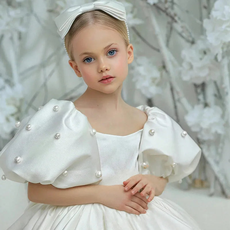 Kids Puffy Dress Pearl Decorated Girl Princess Dress Birthday Elegant Girls Party Dresses Children's Solid Bridesmaid Costume