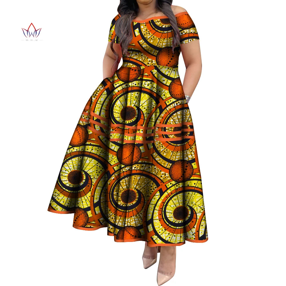 BintaRealWax African Dresses for Women Elegant African Print Short Sleeve High Waist Maxi Dress Africa Clothing WY3629