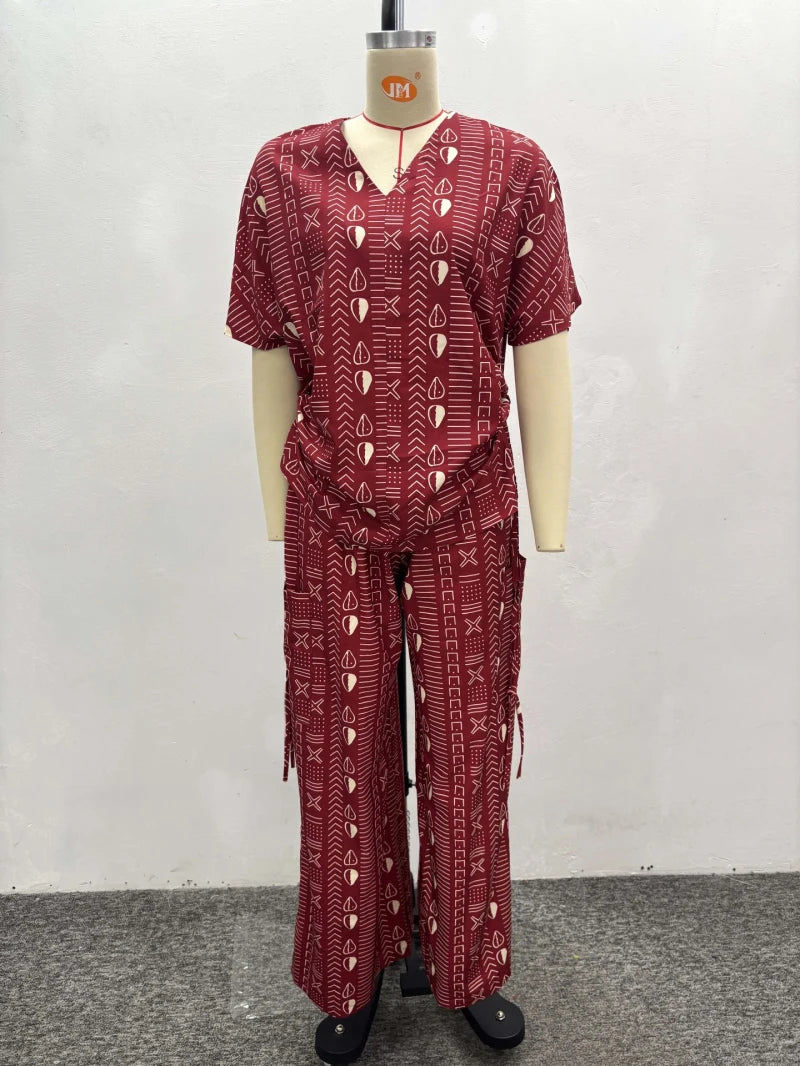 New African Fashion Vintage Casual Printed Women Two Piece Set Short Sleeve drawstring Waist and Loose Pants Set Outfits