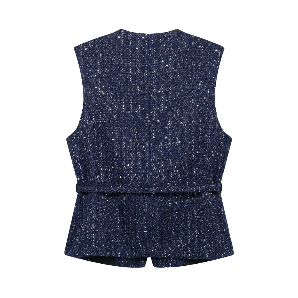 HH Women Fashion Tweed Belt Waistcoat O Neck Single Breasted Sleeveless Vests Spring Summer Office Lady Outerwear Chic Tops