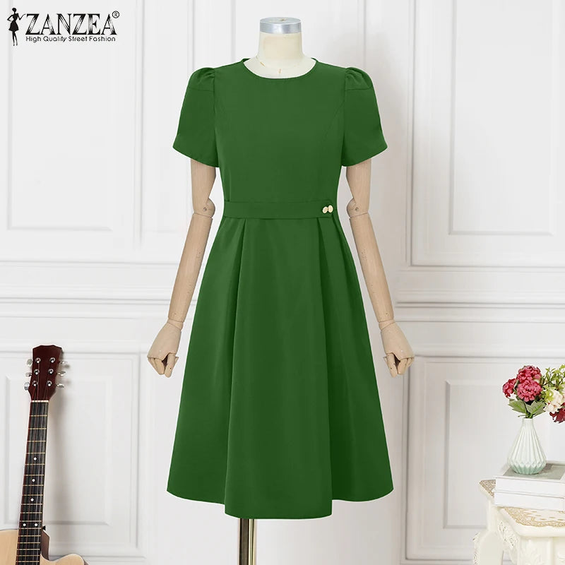 ZANZEA Office Women Dresses 2025 Fashion Summer Dress Elegant O Neck Short Sleeve Work Midi Vestido Stylish Solid Party Sundress