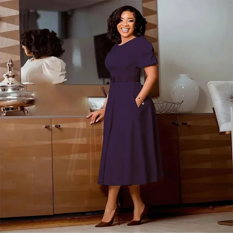 Ladies Office Dresses Women Formal Work O-Neck Puff Sleeve Wrap Waist A-line Dresses with Belt Bodycon Dress African Dresses
