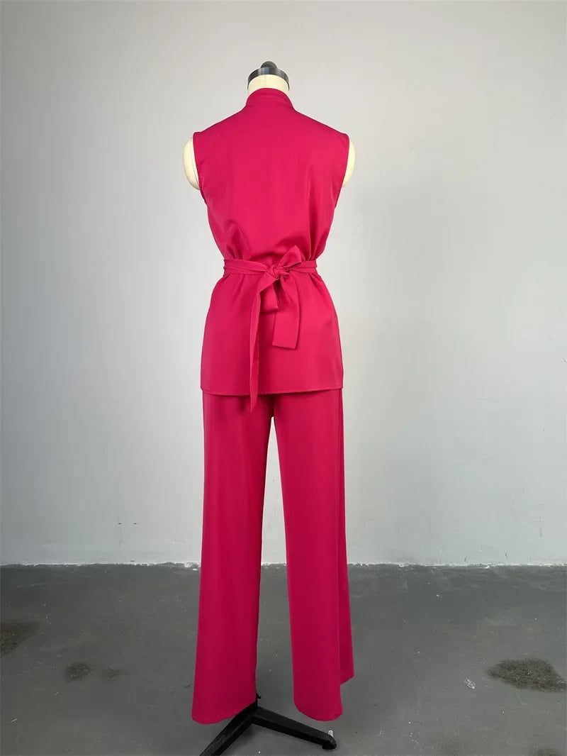 Women Wide Leg Pant Sets Two Piece Set Black Shirt Top & Cuffed Pants Set Suit Loose O Neck High Waist Elegant Trousers Suits
