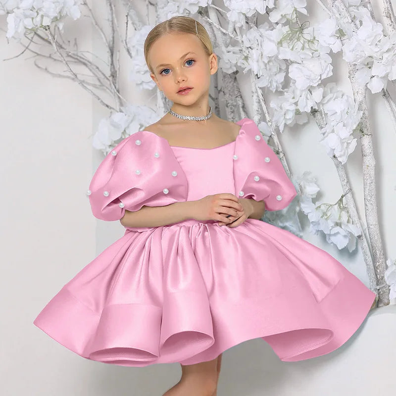 Kids Puffy Dress Pearl Decorated Girl Princess Dress Birthday Elegant Girls Party Dresses Children's Solid Bridesmaid Costume