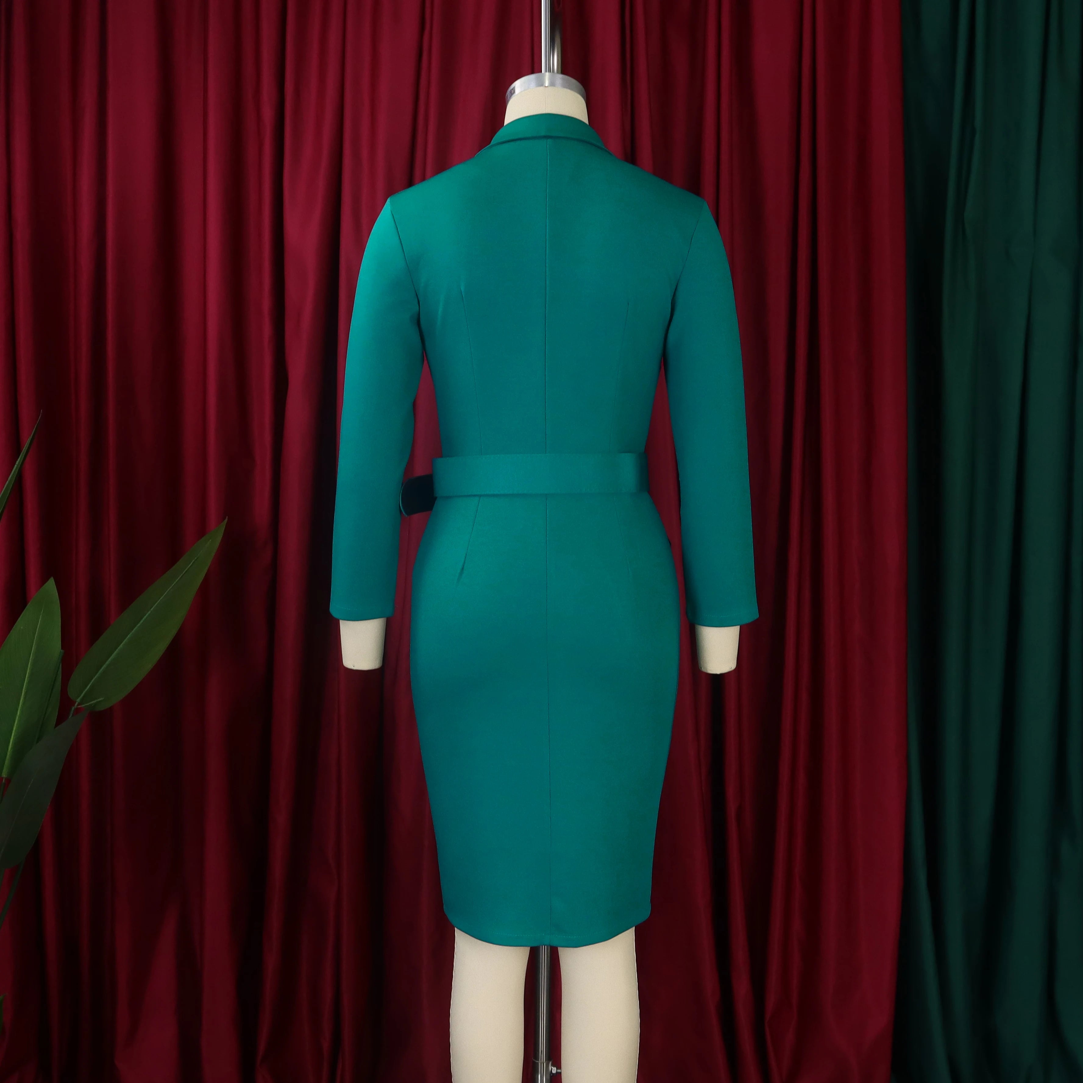 Office Dress Women Elegant Notched Collar Full Sleeve Belt Waisted Double Breasted Package Hips Mid Calf Formal Work Dress Midi