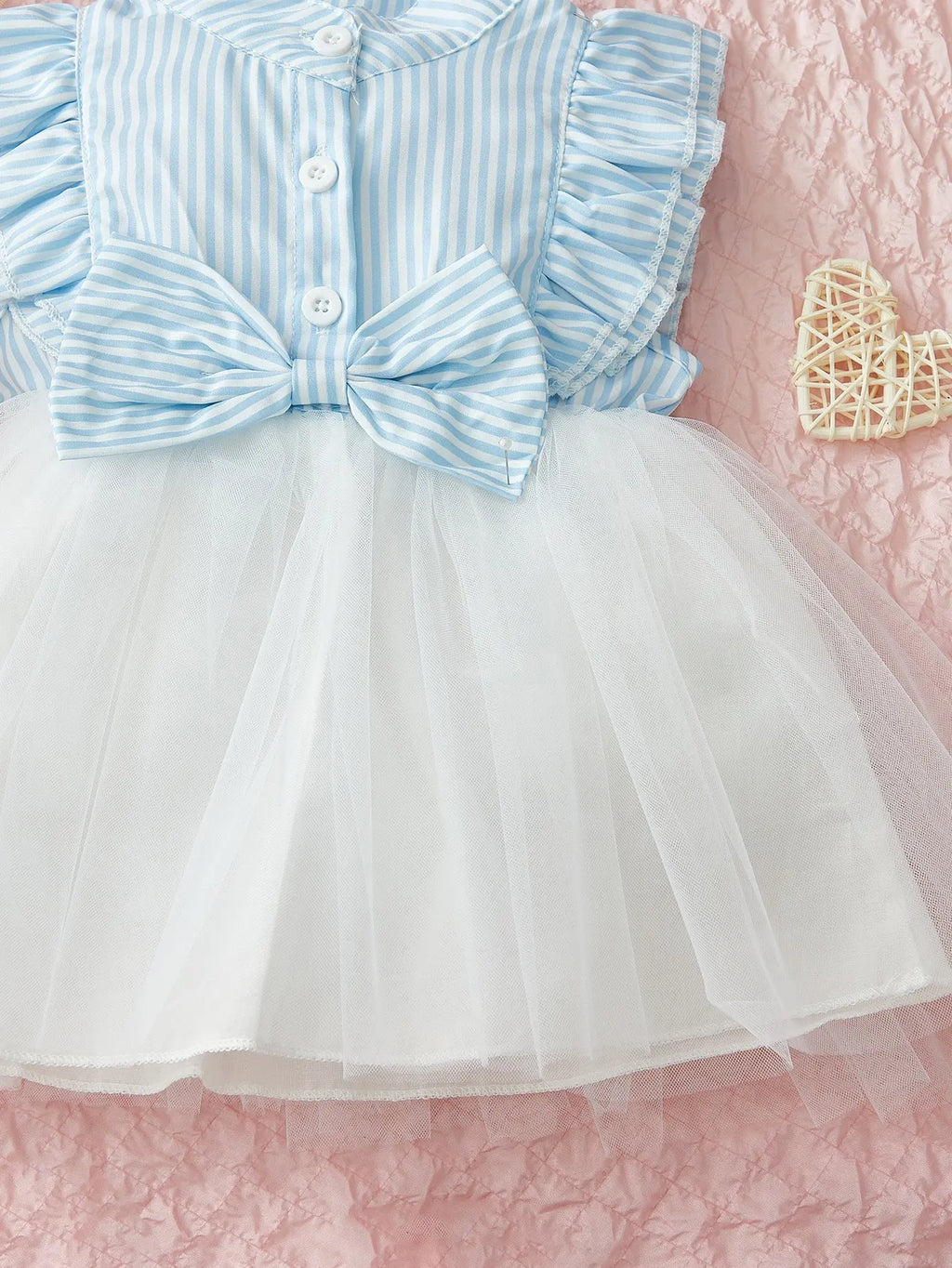 Single piece female baby fashionable, sweet and cute blue and white striped bow decoration spliced mesh dress for summer