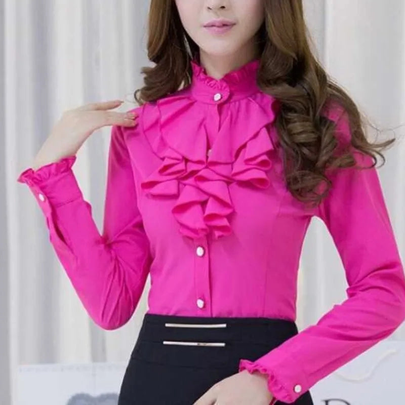 Autumn and Winter Women's Fashion Standing Collar Button Ruffles Shirring Blouse Solid Color Commuter Long Sleeve Slim Shirt
