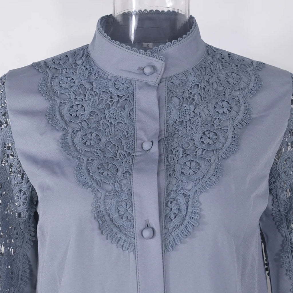 Women's Blouses White Office Spring Casual Button V-neck Long Sleeve Elegant Hook Flower Hollow Shirt For Female