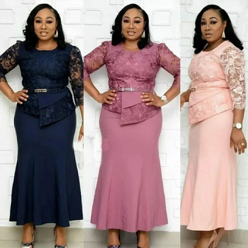 4XL 5XL Plus Size 2025 Christmas Dresses Women O Neck 3/4 Sleeve Long Maxi Dress Fashion Lace Patchwork Night Party Dress
