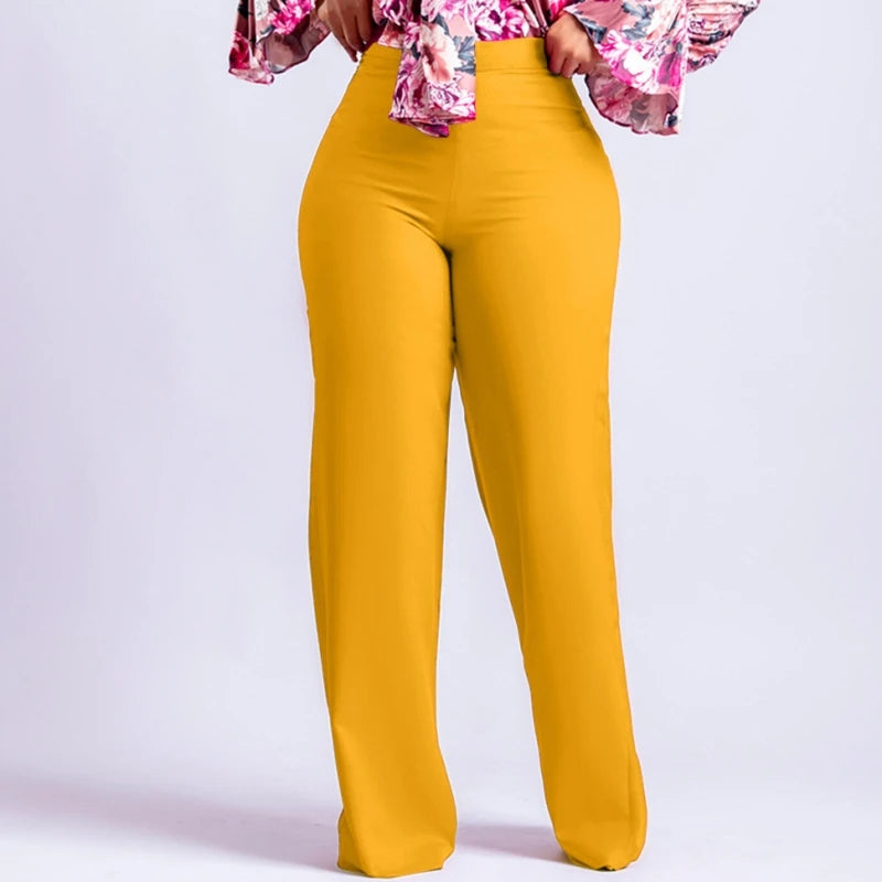 Women Shiny Yellow Capris Pants High Waist Trousers Office Work Lady Full Length Summer Bottoms Capris 2023 Spring Summer