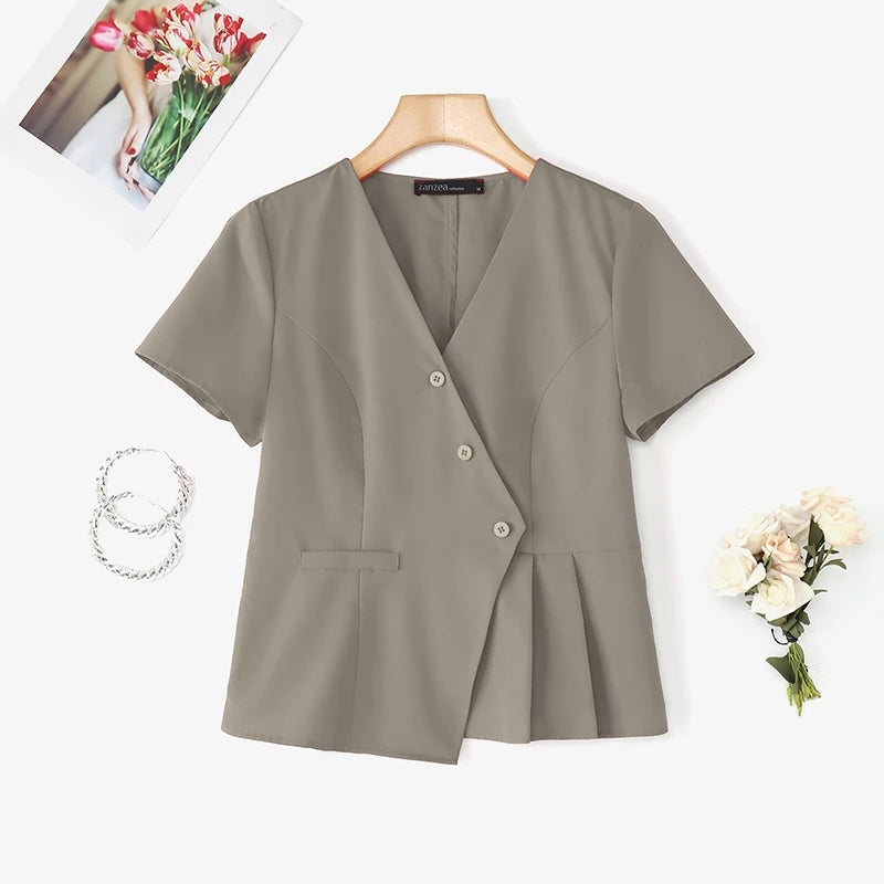 ZANZEA Fashion Shirts Women Elegant Office Tops Casual Short Sleeve Blusas Oversized V Neck Tunic 2025 Solid Color Pullover