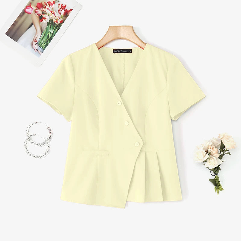 ZANZEA Fashion Shirts Women Elegant Office Tops Casual Short Sleeve Blusas Oversized V Neck Tunic 2025 Solid Color Pullover