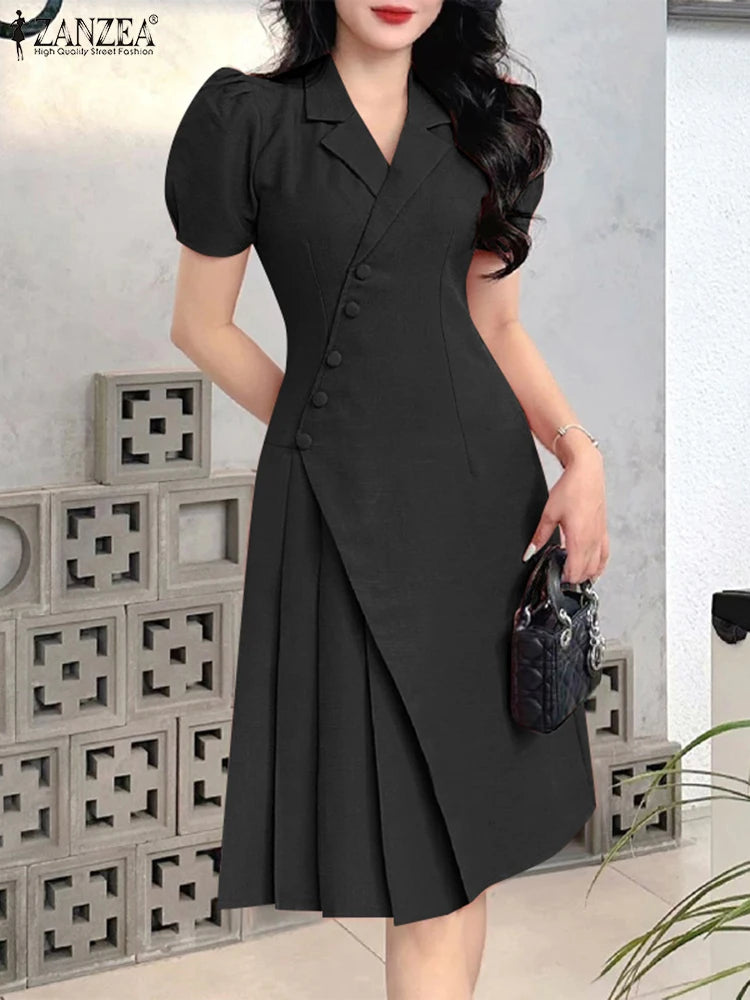 ZANZEA Women OL Work Dress Elegant Knee-Length Suits Sundress Summer 2025 Casual Short Sleeve Vestidos Solid Lapel Neck Robes