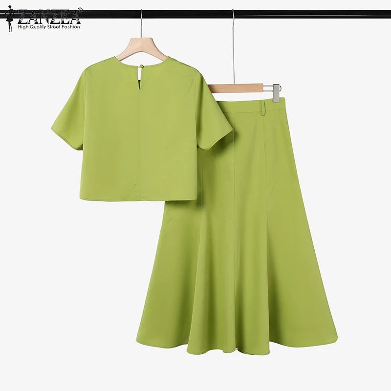 ZANZEA Fashion 2PCS Women Summer Dress Sets Summer Work OL Tracksuits Elegant Short Sleeve Blouse Sundress Casual Solid Outfits