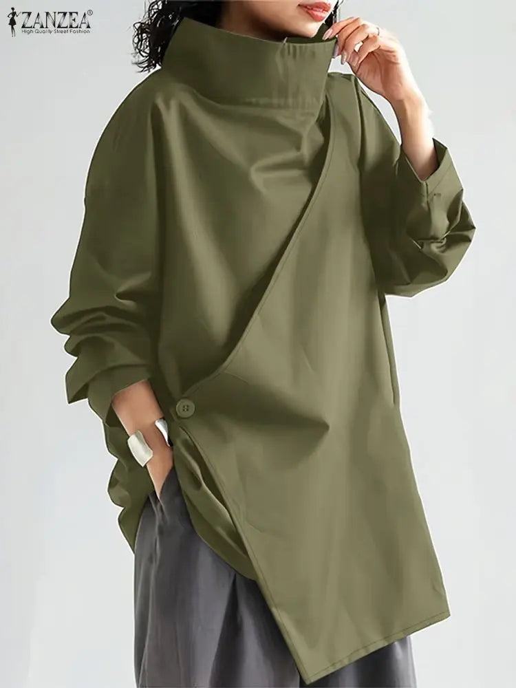 2025 Stylish Long Sleeve Office Blouses ZANZEA Women Autumn Turtleneck Tops Elegant Solid Shirt Irregular Blusas Female Mujer