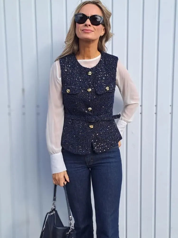HH Women Fashion Tweed Belt Waistcoat O Neck Single Breasted Sleeveless Vests Spring Summer Office Lady Outerwear Chic Tops