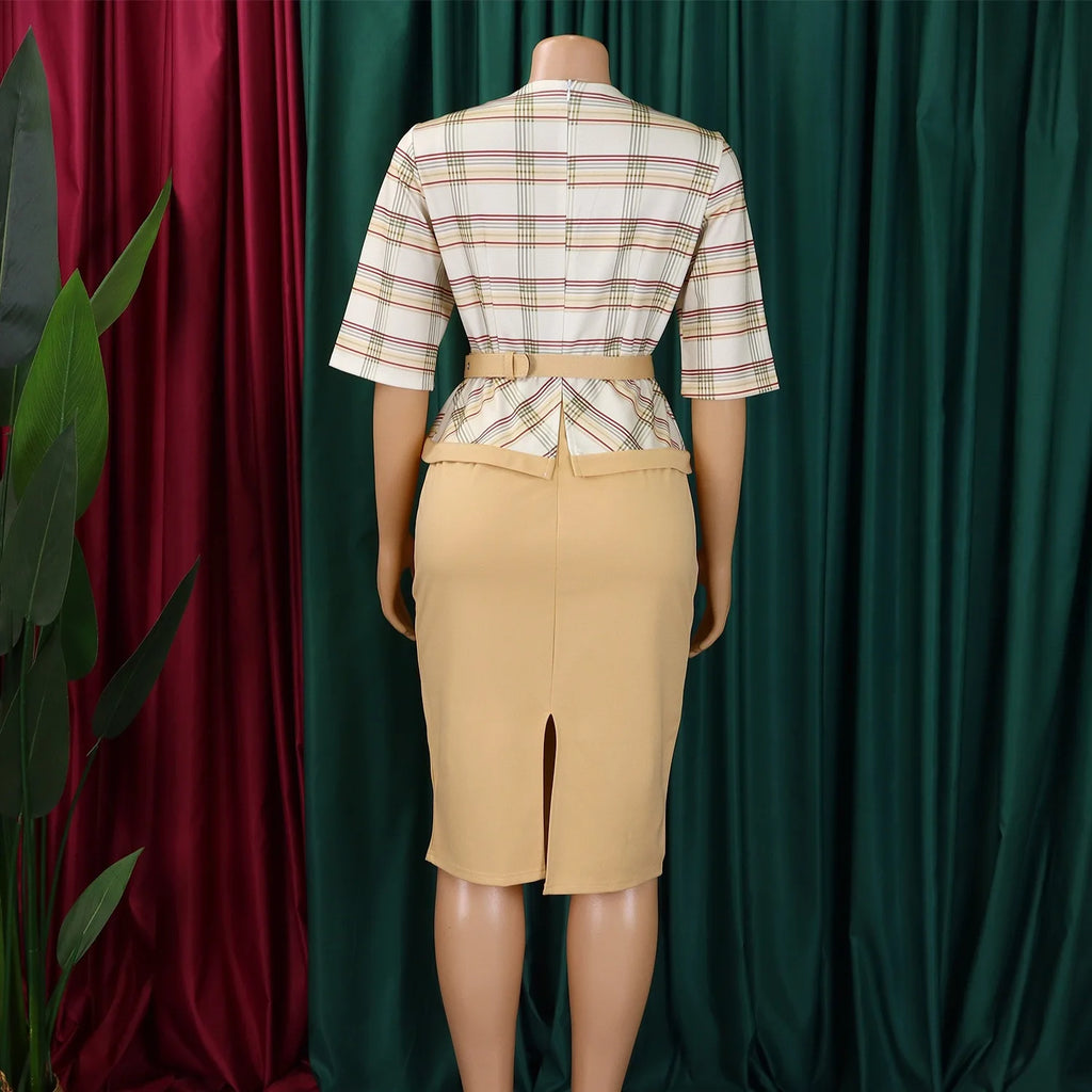 Elegant Office Ladies Dresses for Women O Neck Half Sleeve Plaid Patchwork Sheath Package Hips Female Business Work Wear Dress