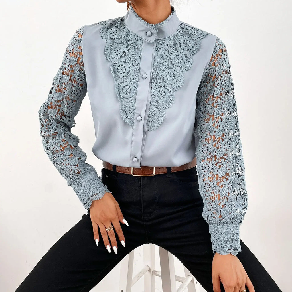 Women's Blouses White Office Spring Casual Button V-neck Long Sleeve Elegant Hook Flower Hollow Shirt For Female