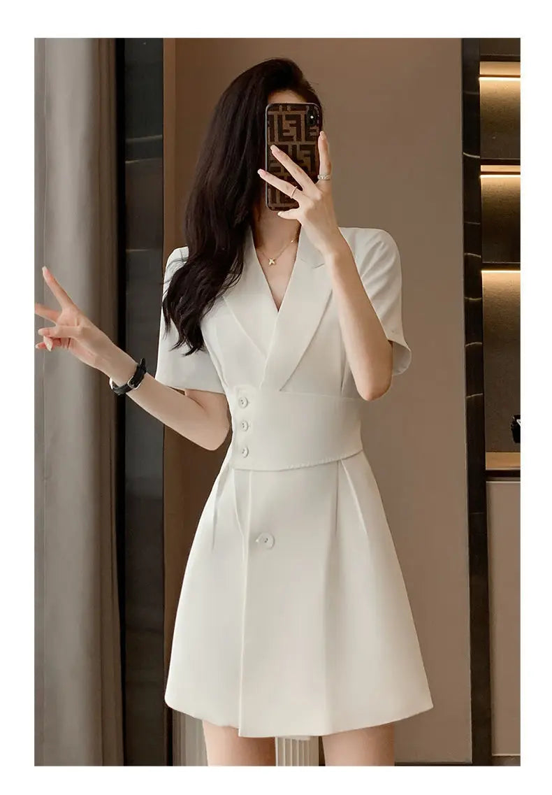 Summer New Office Lady Elegant Fashion Waist Dress Femme Short Sleeve Temperament Solid Robe Vestidos De Fiesta Women's Clothing