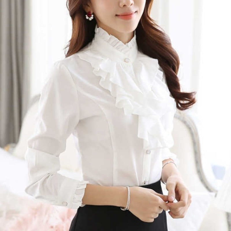 Autumn and Winter Women's Fashion Standing Collar Button Ruffles Shirring Blouse Solid Color Commuter Long Sleeve Slim Shirt