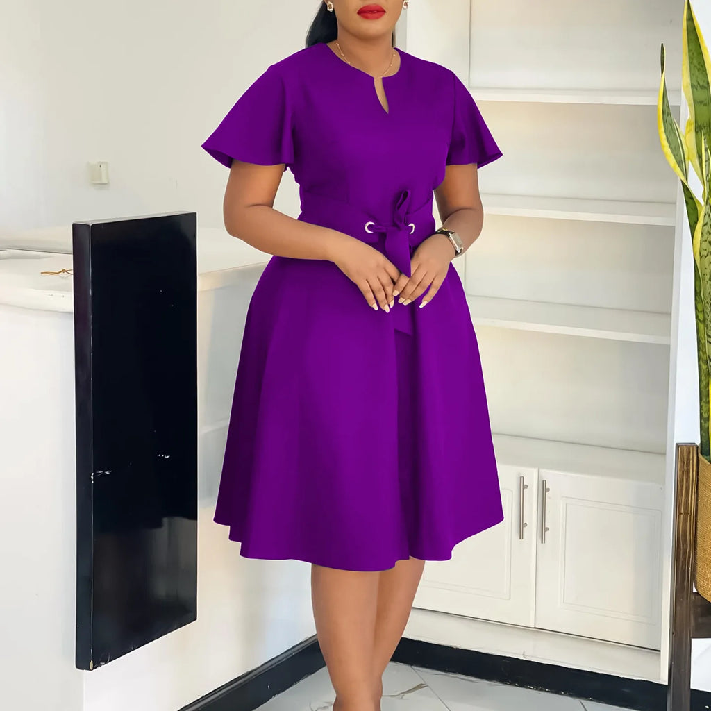 Plus Size Spring Summer New Solid Color Matching V-Neck Short Sleeves Fashion Commuting Slim Fit Midi Length Elegant Style Dress